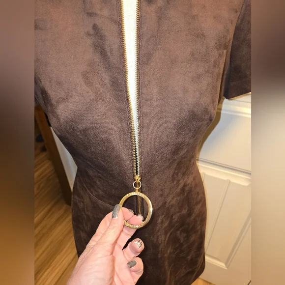 Calvin Klein Faux Suede O Ring A Line Midi Dress Womens Size 6 Chocolate Brown - Picture 3 of 11